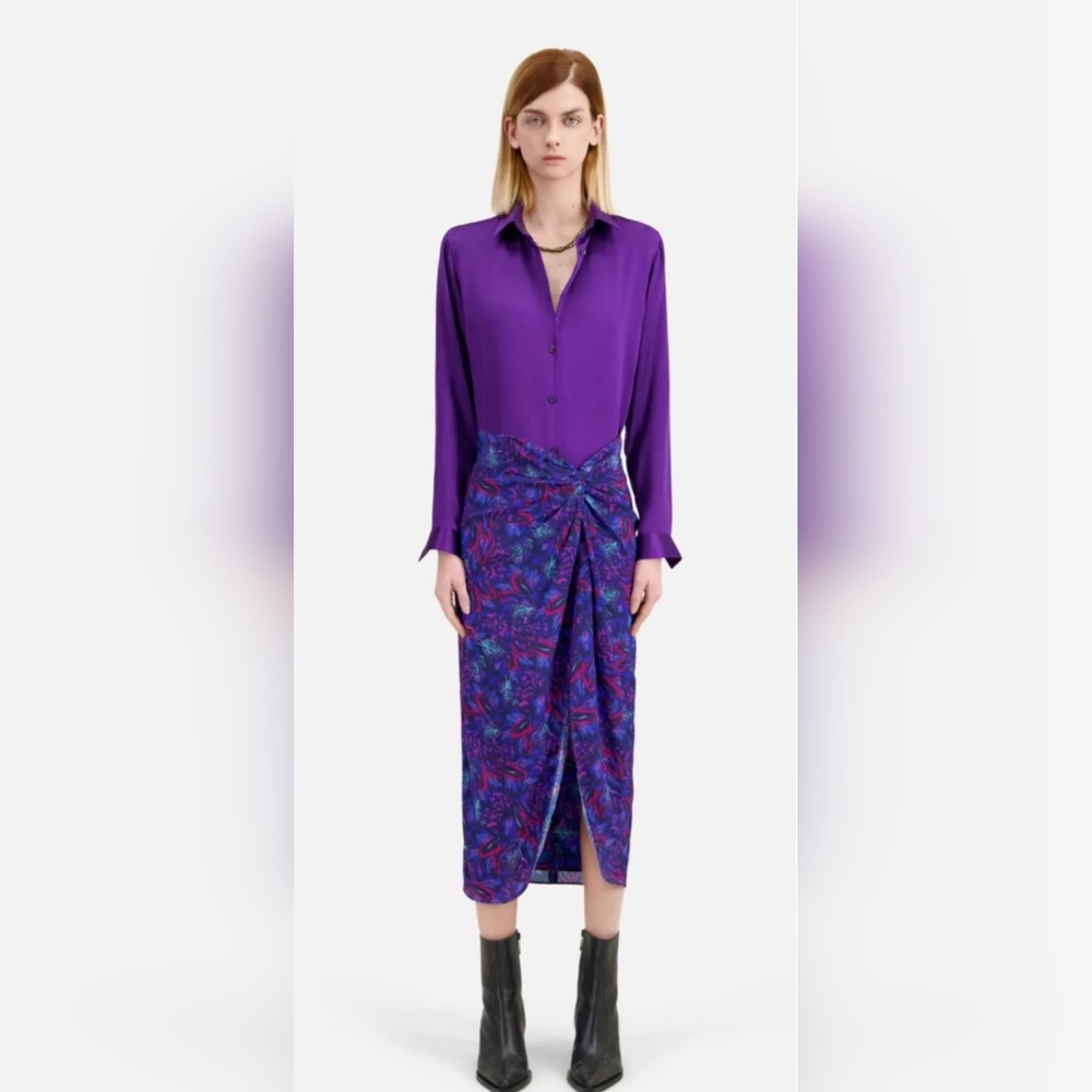 The Kooples SEALED! NWT! Blue Feather Silk Print Midi Skirt w/Twist. Sz 0. R2S!!